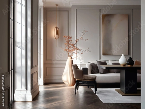 Fototapeta Aesthetic beautiful elegant  modern luxury interior design. Clear mock up empty wall for decoration in the apartment, painting frame. Copy space in the room.