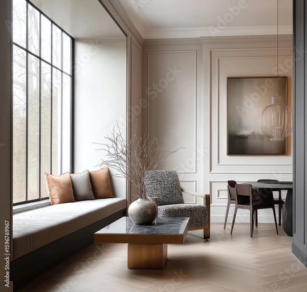 Fototapeta Aesthetic beautiful elegant  modern luxury interior design. Clear mock up empty wall for decoration in the apartment, painting frame. Copy space in the room.