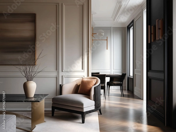 Obraz Aesthetic beautiful elegant  modern luxury interior design. Clear mock up empty wall for decoration in the apartment, painting frame. Copy space in the room.