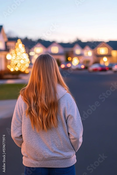Obraz Girl Facing Christmas Tree Lights in Residential Neighborhood During Evening Twilight
