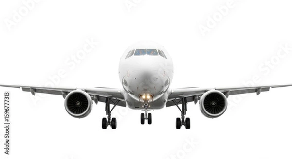 Fototapeta Sleek, ultra-modern passenger jet plane with extended landing gear and powerful engines, isolated on a transparent studio background, bright studio lighting, 3/4 front low-angle view, concept of