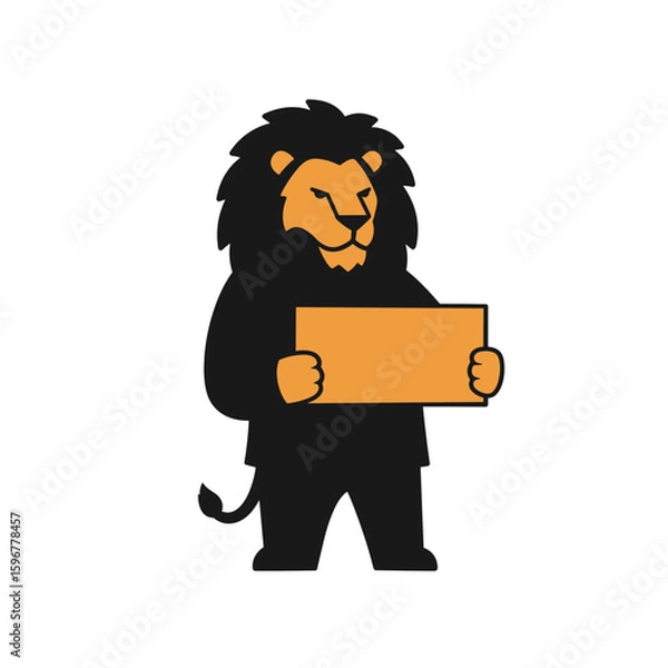 Fototapeta Cartoon lion standing and holding a sign with a cheerful expression  