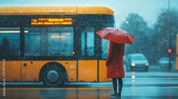 Fototapeta A person in a red coat stands with a red umbrella by a wet street as a yellow city bus passes in the rain during a gloomy day.