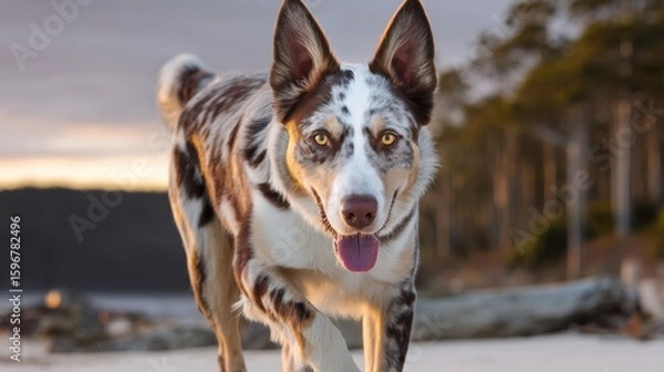 Fototapeta Happy dog running on a sandy beach during sunset in natural setting