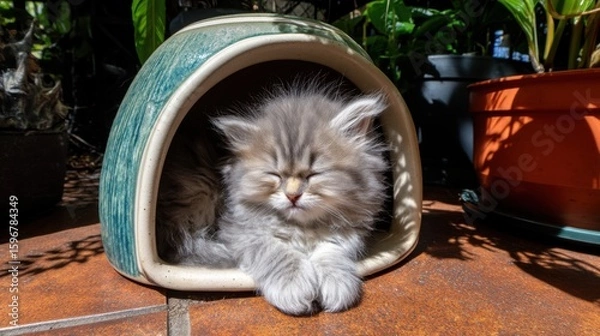 Fototapeta Adorable fluffy kitten resting peacefully in a cozy ceramic shelter