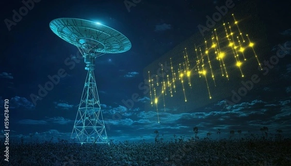 Obraz Futuristic Space Communication Tower Digital Particles Glow In Night Sky