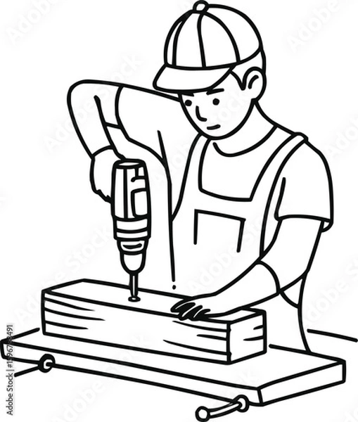 Fototapeta A continuous single-line drawing depicts a young male carpenter in protective gear and work attire, using a cordless drill