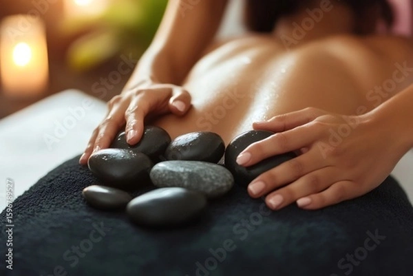 Obraz Masseuse gently placing hot stones on client's back during a relaxing hot stone massage therapy session
