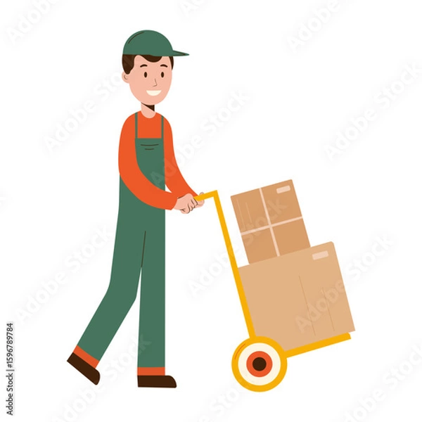 Fototapeta Illustration of delivery worker pushing boxes on hand trolley, ideal for logistics, shipping, courier, and warehouse related materials. Vector art