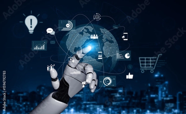 Fototapeta AI managing global digital marketing, optimizing communication, analyzing data trends, and automating content delivery across diverse online networks. Vouch