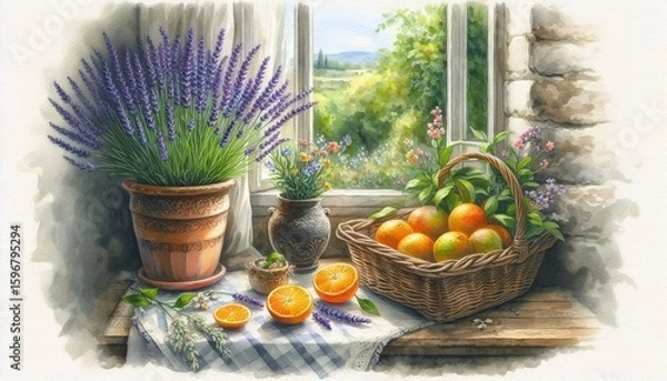 Fototapeta Rustic Window Still Life with Lavender, Oranges, and Countryside View
