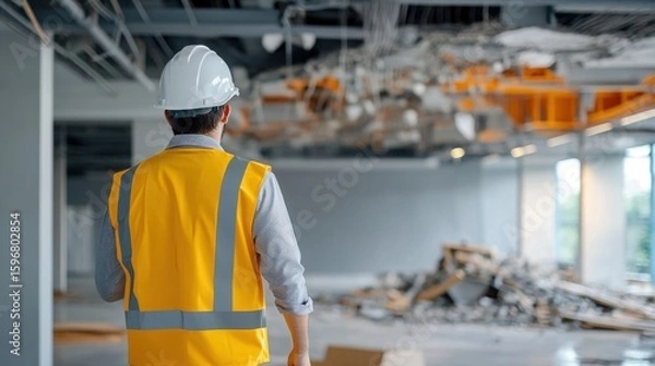 Fototapeta Construction worker in yellow vest inspecting debris, damaged ceiling in a building under construction.