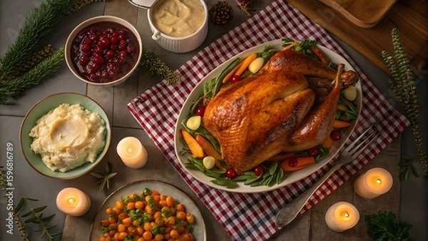 Obraz Festive thanksgiving dinner arrangement overhead view