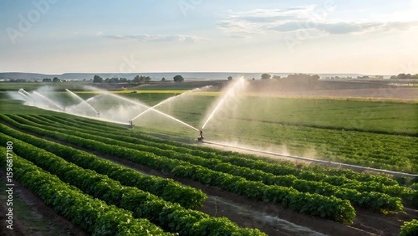 Obraz Irrigation system watering a field of green crops
