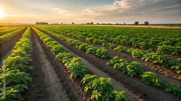 Obraz Rows of crops in a field at sunset or sunrise time