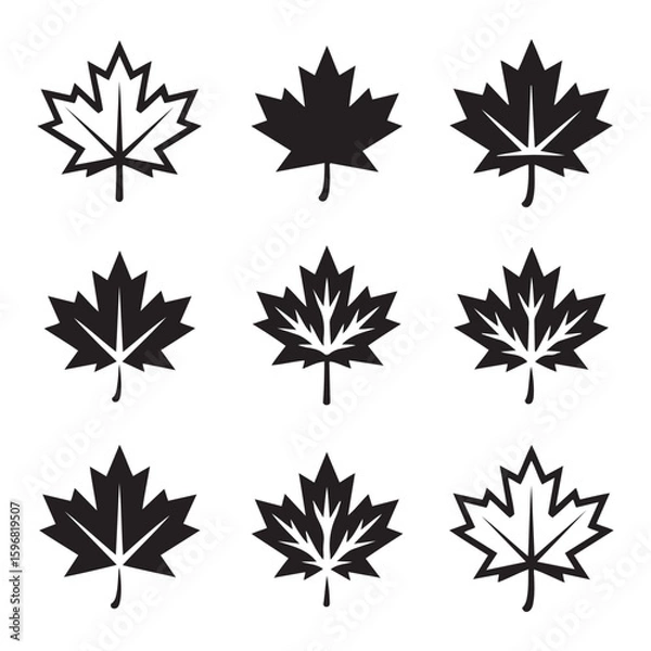 Fototapeta Black & White Maple Leaf Line Icon Set, Art & Illustration.