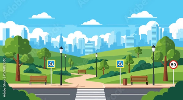 Obraz Adobe illustrator vector flat style illustration of a long road in a city park leading to skyscrapers, showcasing urban nature and open spaces