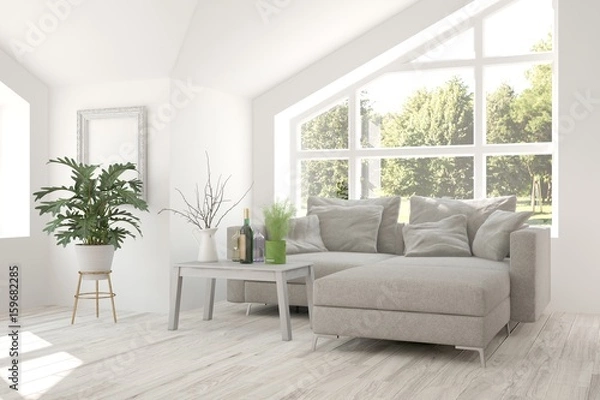 Fototapeta White room with sofa and green landscape in window. Scandinavian interior design. 3D illustration