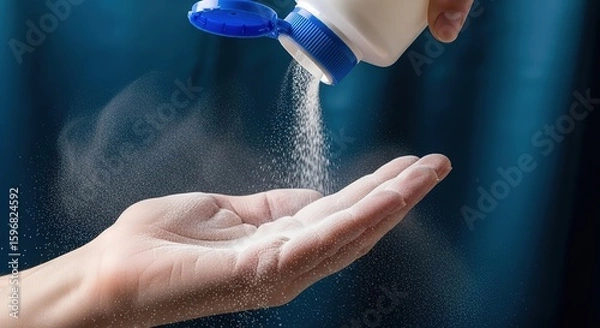 Fototapeta A hand receiving a fine white powder being poured from a blue capped container against a dark background