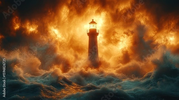 Fototapeta Inside a bubbling pot, a stormy sea churns, a lighthouse standing firm amidst the chaos