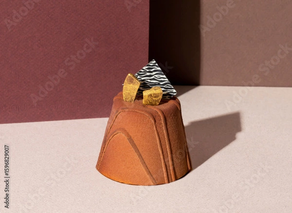 Fototapeta Low Sugar Bitter Chocolate Mousse Cake with Gold Flakes isolated on background side view of patisserie concepts