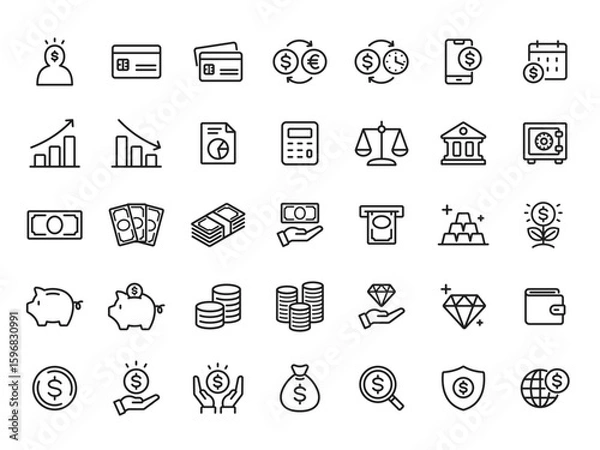 Fototapeta お金、金融、投資のシンプルなラインアイコンセット