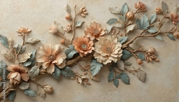 Fototapeta Vibrant floral art piece on beige background features red and orange flowers in slender stem. Bouquet creates depth and dimension. Whimsical arrangement adds artistic flair.