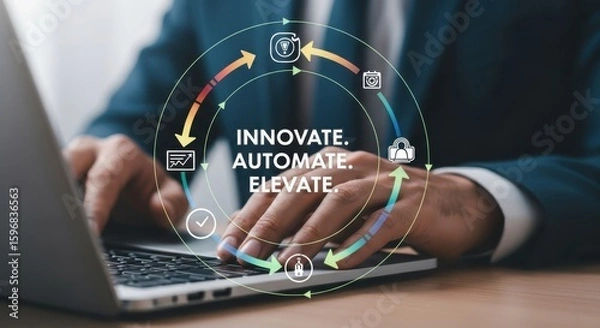 Fototapeta Businessman typing on laptop with digital infographic cycle Innovate Automate Elevate technology innovation