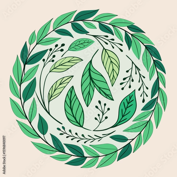 Fototapeta Green leaves and branches arranged in a circular pattern silhouette isolated on white background