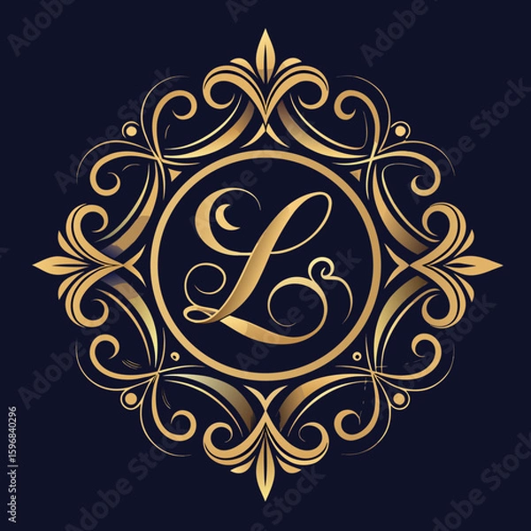 Fototapeta Elegant golden letter l monogram with ornate flourishes isolated on white background silhouette
