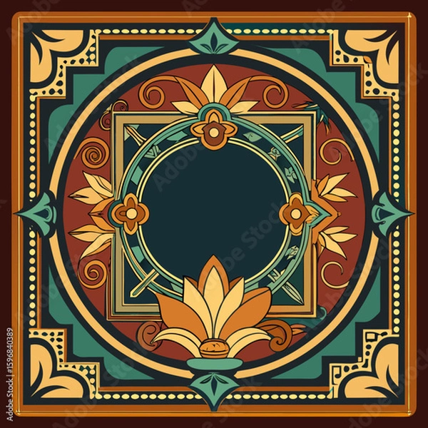 Fototapeta Ornate art nouveau floral frame with central empty space isolated on white background silhouette