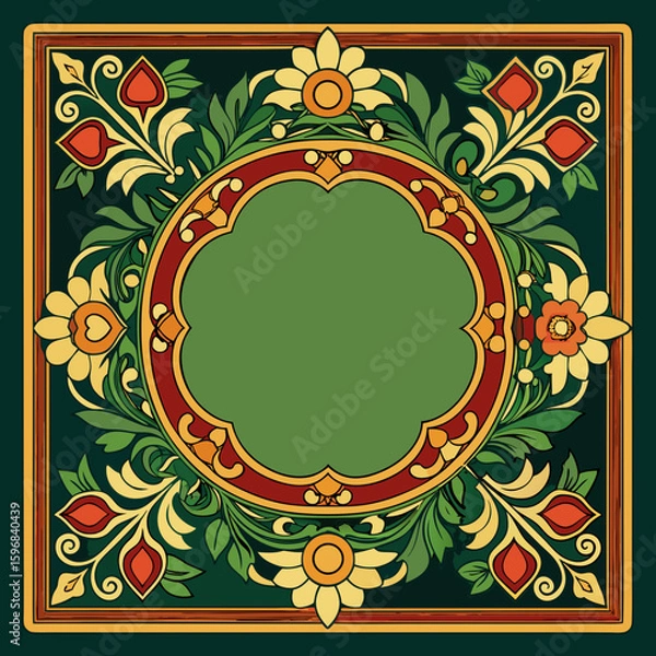 Fototapeta Ornate floral border design with central green space isolated on white background silhouette
