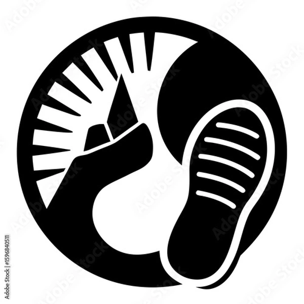 Fototapeta Stylized footprint and mountain peak symbol silhouette isolated on white background