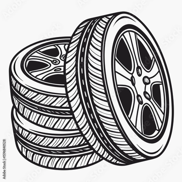 Fototapeta Stack of car tires and wheels silhouette isolated on white background
