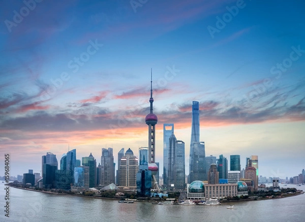 Fototapeta shanghai skyline with burning clouds
