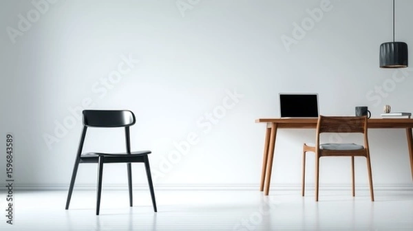 Fototapeta Modern minimalist interior with wooden table and chairs.