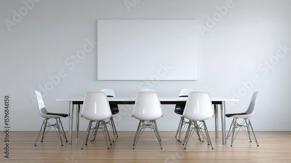 Fototapeta Modern meeting office with blank white wall, table and chairs. Workplace and lifestyle concept. 3D Rendering, no logos, no brands