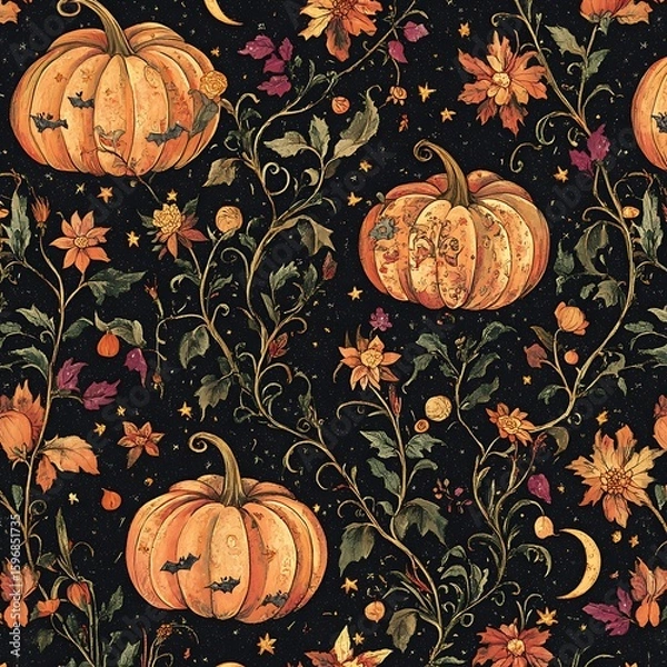 Fototapeta Vintage Autumn Pumpkins and Vines Botanical Halloween Pattern

