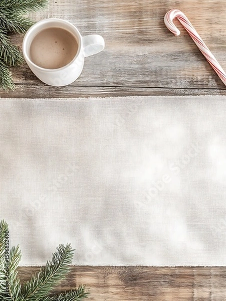 Fototapeta Rustic Coffee Table with Blank Linen Placemat Top View
