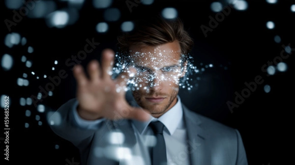 Obraz modern executive in formal attire reaching toward augmented reality display with glowing network symbols and business analytics visuals business executive, augmented reality, smart