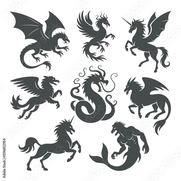Fototapeta Mythical Creatures Silhouettes Collection Vector Art: Dragons, Griffins, Unicorns, and More in Striking Black and White Designs for Creative Projects and Designs