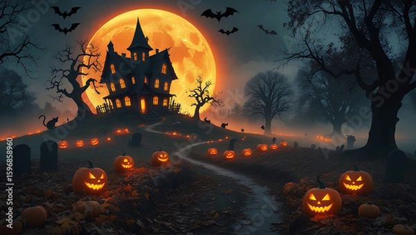 Obraz Eerie Graveyard Path Lit by Jack-O'-Lanterns and Full Moon