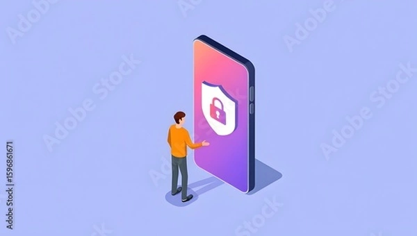 Obraz Man Interacting with Mobile Phone Security Shield - Digital Protection Concept