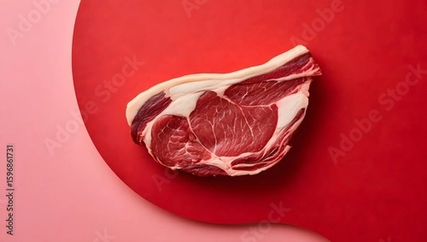 Obraz Raw Beef Ribeye Steak on Red Background - Close Up Food Photography