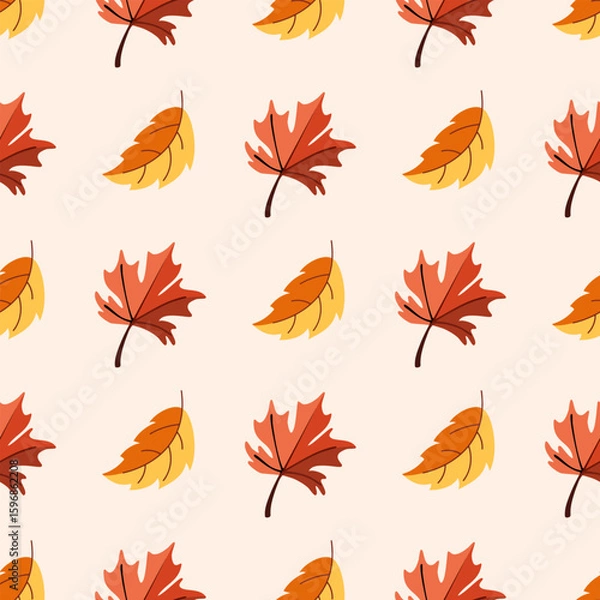 Fototapeta Seamless pattern of doodle Autumn leaves on an isolated background. Hand-drawn backdrop for autumn harvest celebrations, Thanksgiving, Halloween, seasonal events, textiles, and scrap booking.