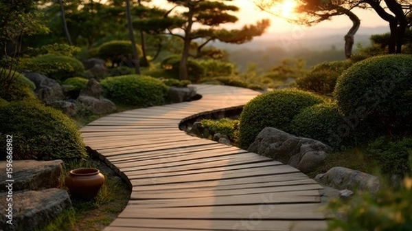 Fototapeta Sunset Serenity Winding Wooden Path Japanese Garden