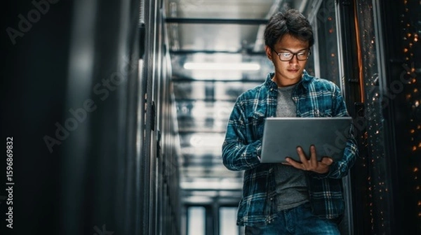 Obraz IT Specialist Working in Server Room Laptop Data Center Technology