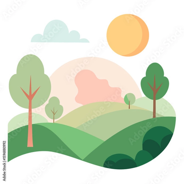 Fototapeta Stylized rolling green hills with trees sun and clouds silhouette isolated on white background