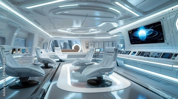 Fototapeta Futuristic office space with advanced holographic displays, modern furniture, and sleek design elements