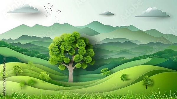 Fototapeta green ecology background minimalist design with tree